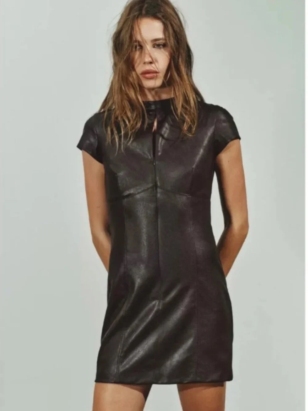 NWT. Zara ZW Collection Dark Brown Faux Leather Short Dress. Size S.